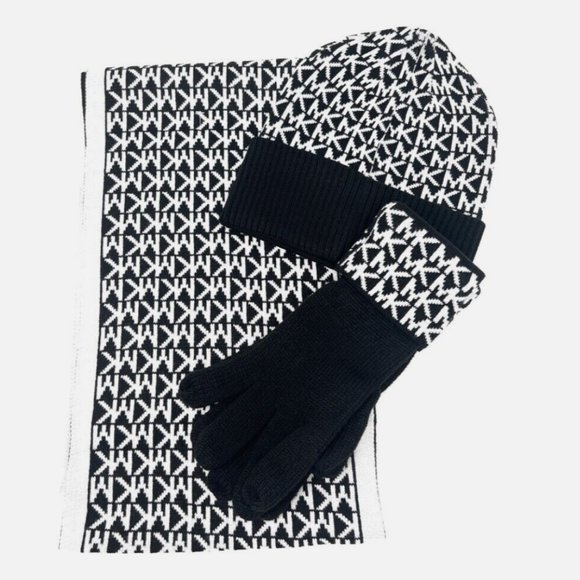 NEW & BOXED MICHAEL KORS LOGO SCARF HAT GLOVE SET DARK BLACK CREAM - Picture 1 of 4